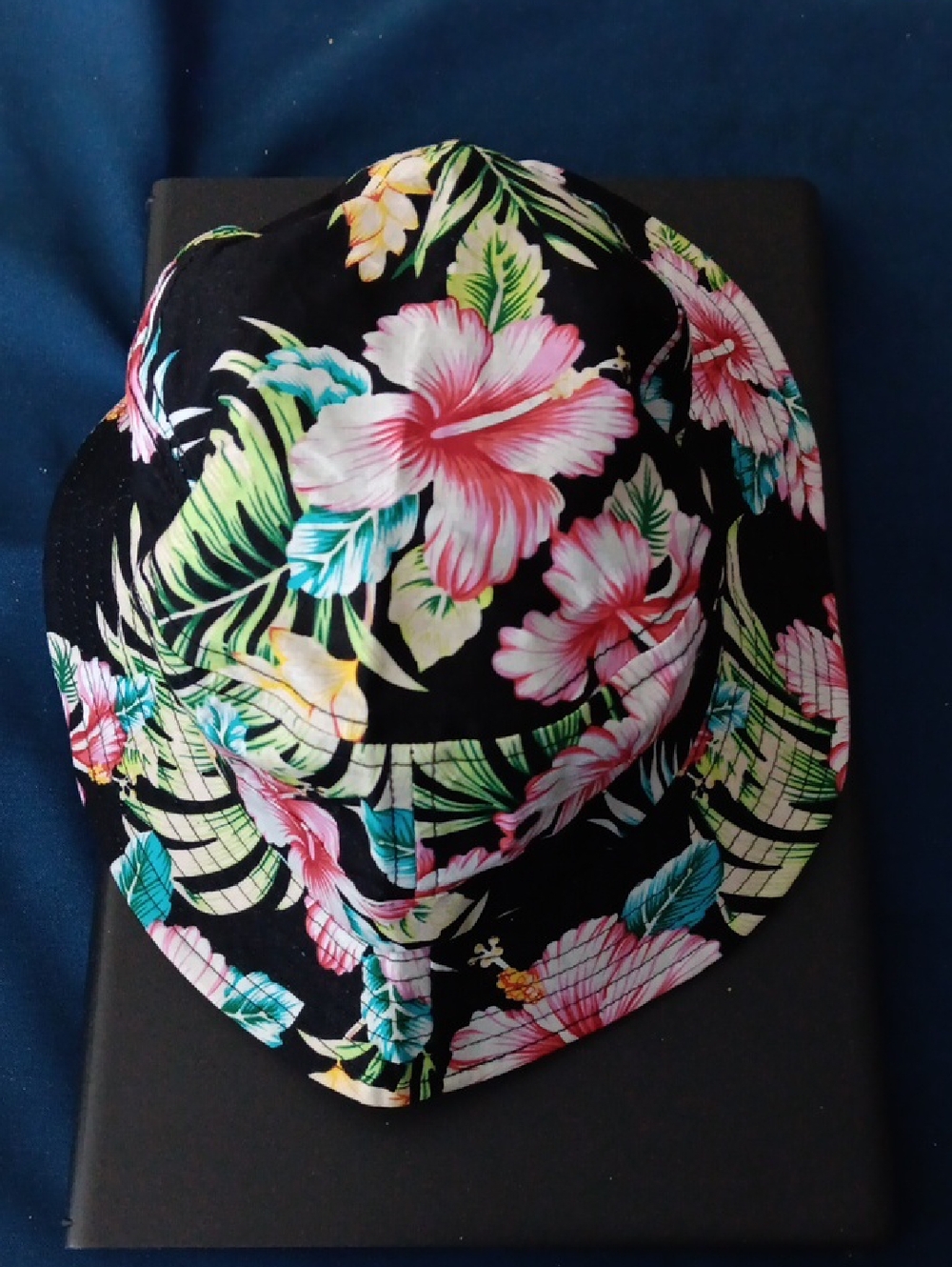 Black Bucket Hat with Pink Hibiscus and Tropical Leaves